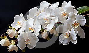 Cluster of White Orchids Against Black Background