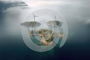 A cluster of wind turbines on islands in the sea. The notion of using renewable resources. Generative AI