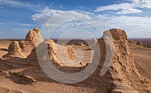 A cluster of Yardang landforms under the blue sky