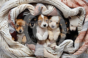 Grupo de cachorros en de mantas. 