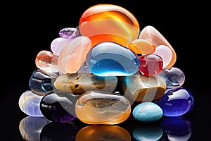 a clustered display of smooth, polished gemstones