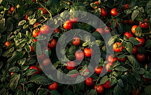 Clusters of juicy, red tomatoes stand out against the deep green foliage, casting dramatic shadows and highlighting