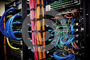 clusters of network cables connected to a server rack