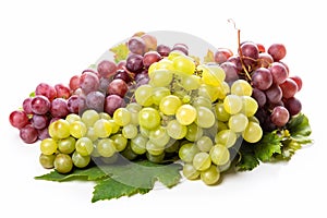Clusters of white and pink grapes and grape leaves on a white background.