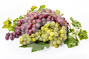 Clusters of white and pink grapes and grape leaves on a white background.