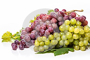 Clusters of white and pink grapes and grape leaves on a white background.