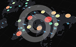 Clusters on world map. Perspective view. Human activity or danger spreading areas. Heatmap of activity. Global data visualization.