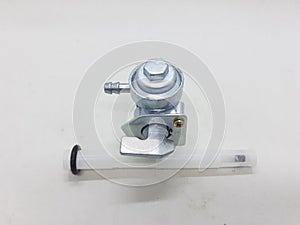 Clutch lever, fuel pump and multiple other motorcycle parts on white isolation background