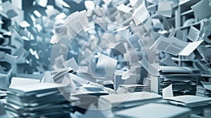 Clutter and chaos in an office, with scattered documents flying over the workplace, Ai Generated