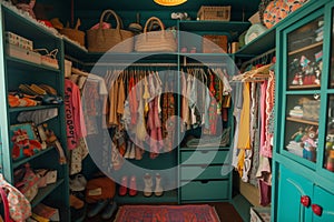 A cluttered closet filled with an abundance of clothes and bags, showcasing an array of colors and patterns
