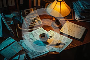 A cluttered desk covered with various papers and a telephone on top, Accounting desk scene with coffee, papers, and a lamp, AI