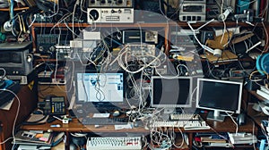 Cluttered Desk With Electronics and Cables