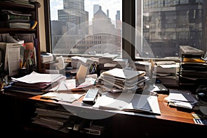 A cluttered desk in an office with a view of the city. AI generative image