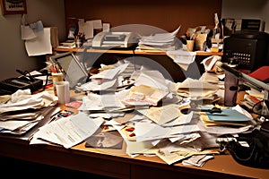 A cluttered desk with papers, documents, and gadgets, illustrating a busy workspace and the challenges of staying organized.