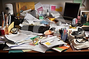 A cluttered desk with papers, documents, and gadgets, illustrating a busy workspace and the challenges of staying organized.
