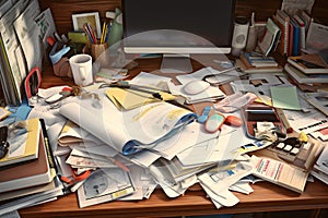 A cluttered desk with papers, documents, and gadgets, illustrating a busy workspace and the challenges of staying organized.