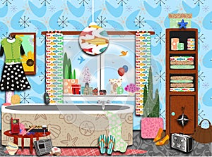 Cluttered funky retro bathroom