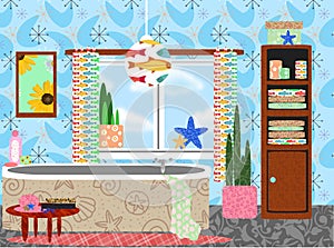 Cluttered funky retro bathroom