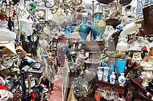 Cluttered junk shop at Upper Lascar Row antique market, Hong Kong