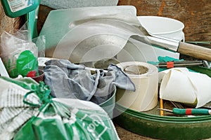 Cluttered and messy storage of garden tools