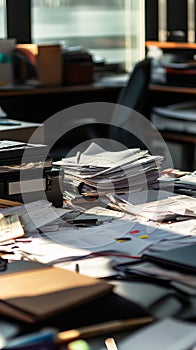 Cluttered Office Desk with Stacks of Papers and Documents in Sunlit Workspace