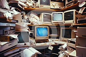 A cluttered room with many old computers and televisions.