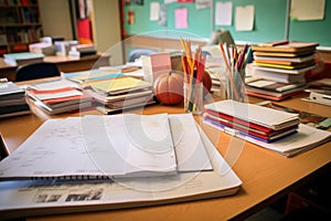 A cluttered wooden desk filled with books, papers, and notes providing a productive workspace, An organized teacher\'s