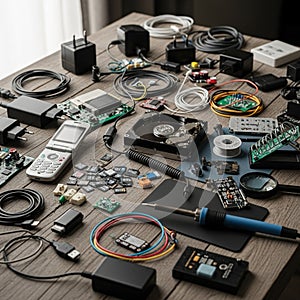 A cluttered workbench features various electronic components and tools