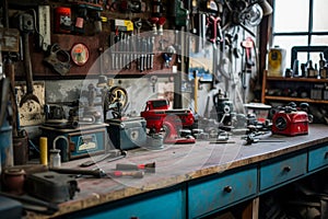 A cluttered workbench filled with an assortment of tools and equipment