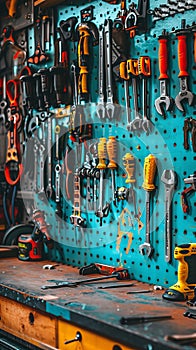 A cluttered workshop with tools and equipment on a blue table
