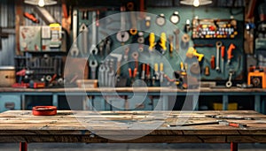 Cluttered workshop with tools and equipment on a table.