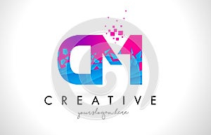 CM C M Letter Logo with Shattered Broken Blue Pink Texture Design Vector.