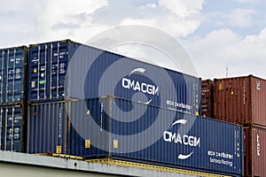 CMA CGM eco containter with bamboo flooring in cargo terminal