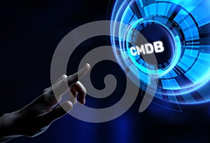 CMDB Configuration management database. Hands pressing button virtual screen