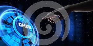 CMDB Configuration management database. Hands pressing button virtual screen