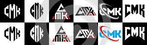 CMK letter logo design in six style. CMK polygon, circle, triangle, hexagon, flat and simple style with black and white color photo