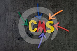 CMS, Content management system concept, multi color arrows point