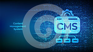 CMS. Content Management System icon made with binary code. Website and document management, web development, and digital solutions