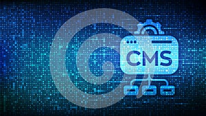 CMS. Content Management System icon made with binary code. Website and document management, web development, and digital solutions