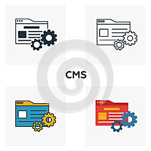 Cms icon set. Four elements in diferent styles from content icons collection. Creative cms icons filled, outline, colored and flat