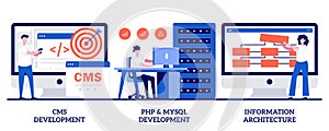 CMS, PHP and MySql development, information architecture concept with tiny people. Backend development vector illustration set.