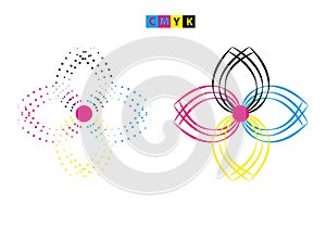 CMYK abstract flower design set, a blue pink with a dotted pink flower swirl logo, a circular dot pattern