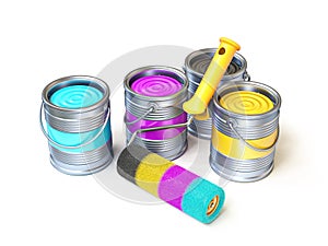 CMYK cans color paint and roller brush 3D