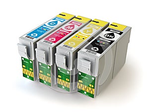 CMYK cartridges for colour inkjet printer isolated on white.