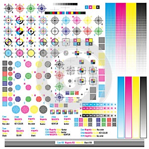 CMYK color management elements. Publishing graphic symbol utilities. Press mark. Calibration, cutting marks. EPS 10