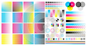 CMYK color marks. Color registration and adjustment marks for printing, prepress and screen printing. Vector CMYK tone