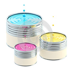 CMYK colored buckets of paint isolated