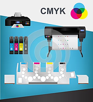 CMYK concept â€“ printing or graphic arts icons for a printing plant, printing house, or graphic studio with printing machines