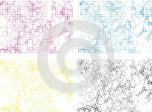 a Cmyk halftone dot pattern vector illustration set, halftone dots and squares on white background,