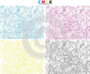 a Cmyk halftone dot pattern vector illustration set, halftone dots and squares on white background,